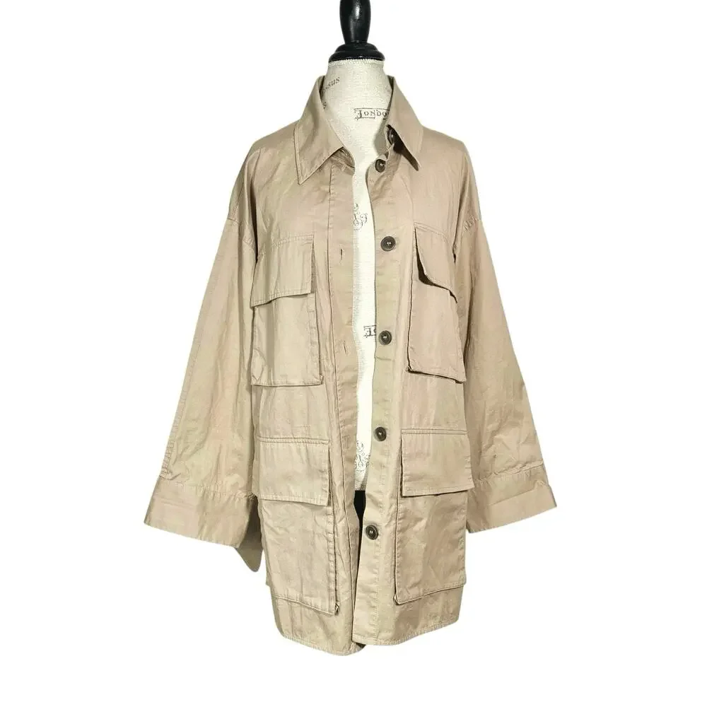 H&M | Women | Neutral Tan Cotton Twill Safari Utility Shirt Jacket | Size XL